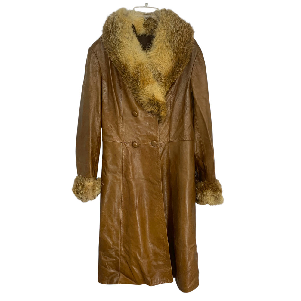 Vintage 1970's Herrero y Rodero Leather Trench Coat Real Fox Fur Trim Spain Sz S - Picture 2 of 8